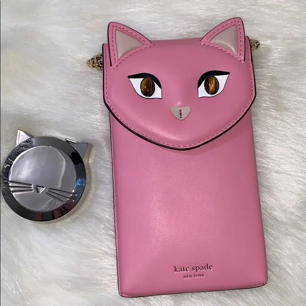 Kate Spade Meow Cat Crossbody Bag Leather North South Gold Chain Novelty Purse - Picture 8 of 10